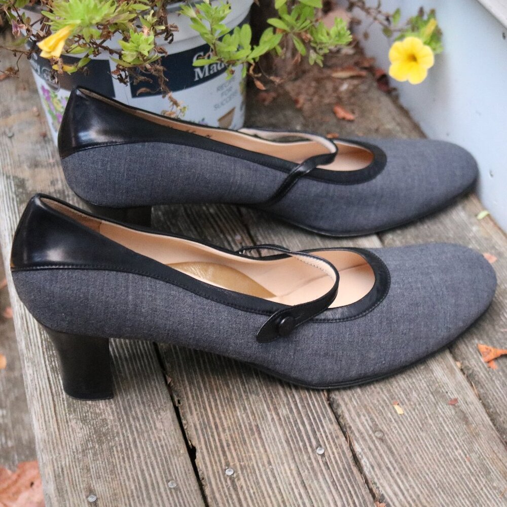 NEW Taryn Rose Grey Wool w Black Leather Mary Jane Heels Sz 42 (US 10)